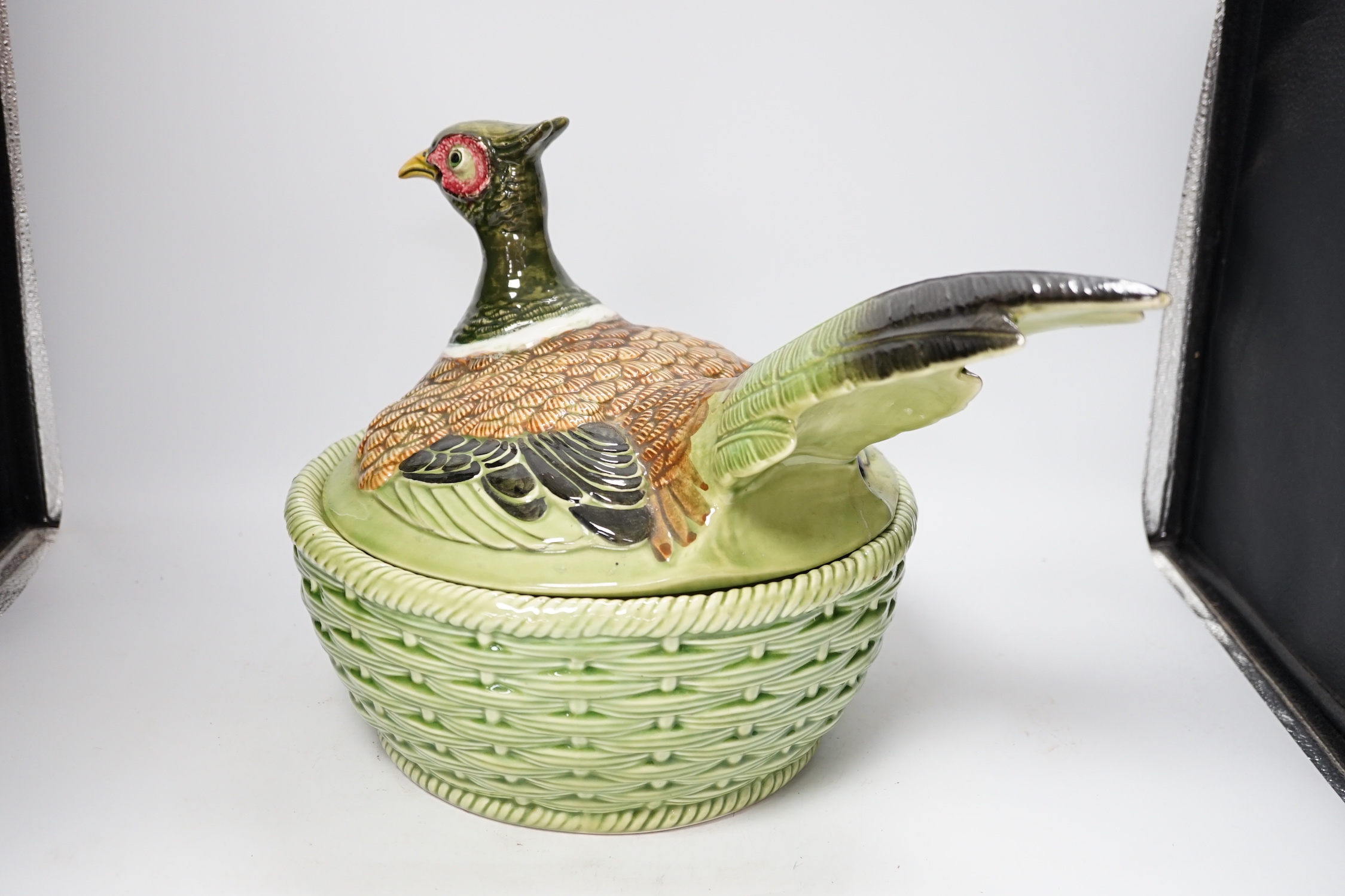 A large modern majolica style 'nesting pheasant' bowl and cover, bowl diameter 29.5cm